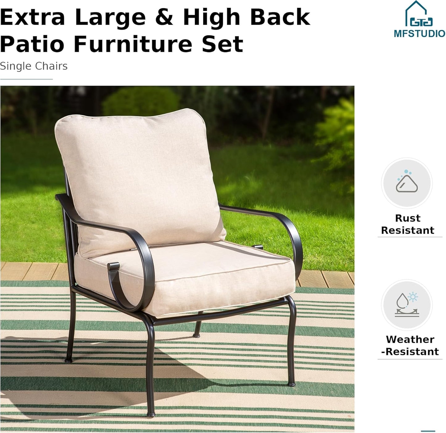 MFSTUDIO 5 Seats Large Metal Patio Conversation Sets, 4 Pieces Outdoor Sectional Furniture Sofa with 2 x Fixed Chairs, 1 x 3-seat Sofa and 1 x 45 inches Rectangular Propane Fire Pit Table