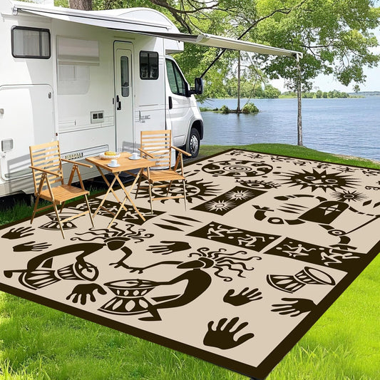 WILDROOTS 5x8 Feet Plastic Tribal Outdoor Rug, Stain Resistant Waterproof Reversible Outdoor Patio Rug, Fade Resistant Camping Rug (Ivory Beige)