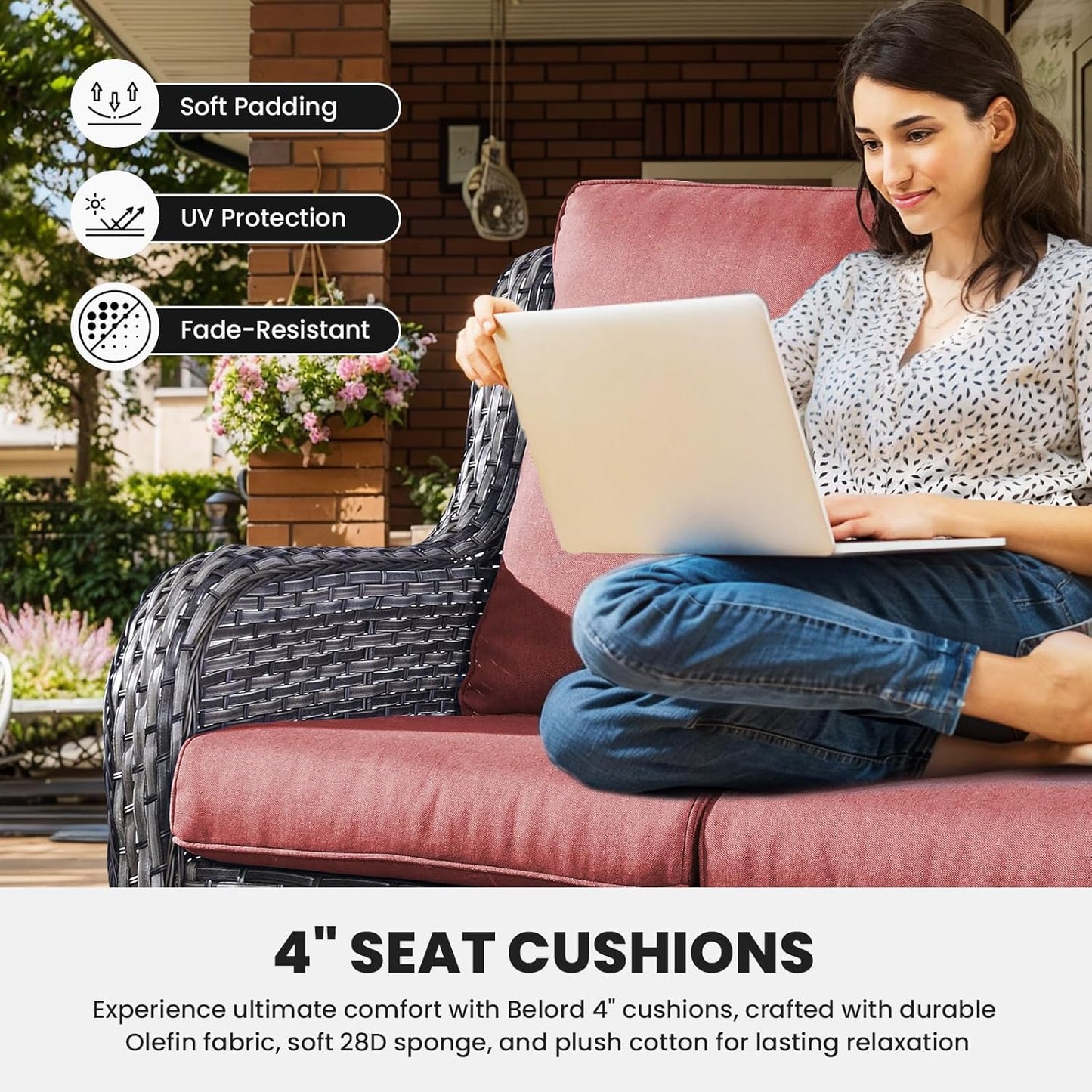 Outdoor Couch Wicker Patio Sofa - 75Inch Rattan Sofa with Hight Backrest Wide Armrest, All Weather Outdoor 3 Seater Seating Wicker Couch for Balcony Proch Deck Backyard Grey/Red