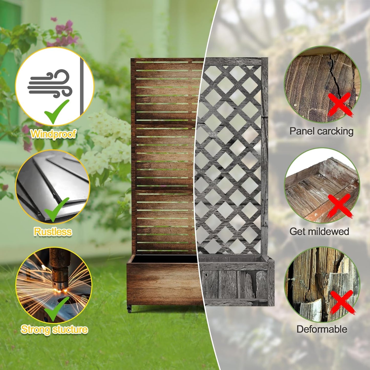 FENCY Metal Raised Garden Bed with Wheels and Trellis,73"x35"x16" Planter Box for Climbing Plants, Vegetables & Vines, Features Privacy Screen and Drainage Holes (Vintage Wood Color)