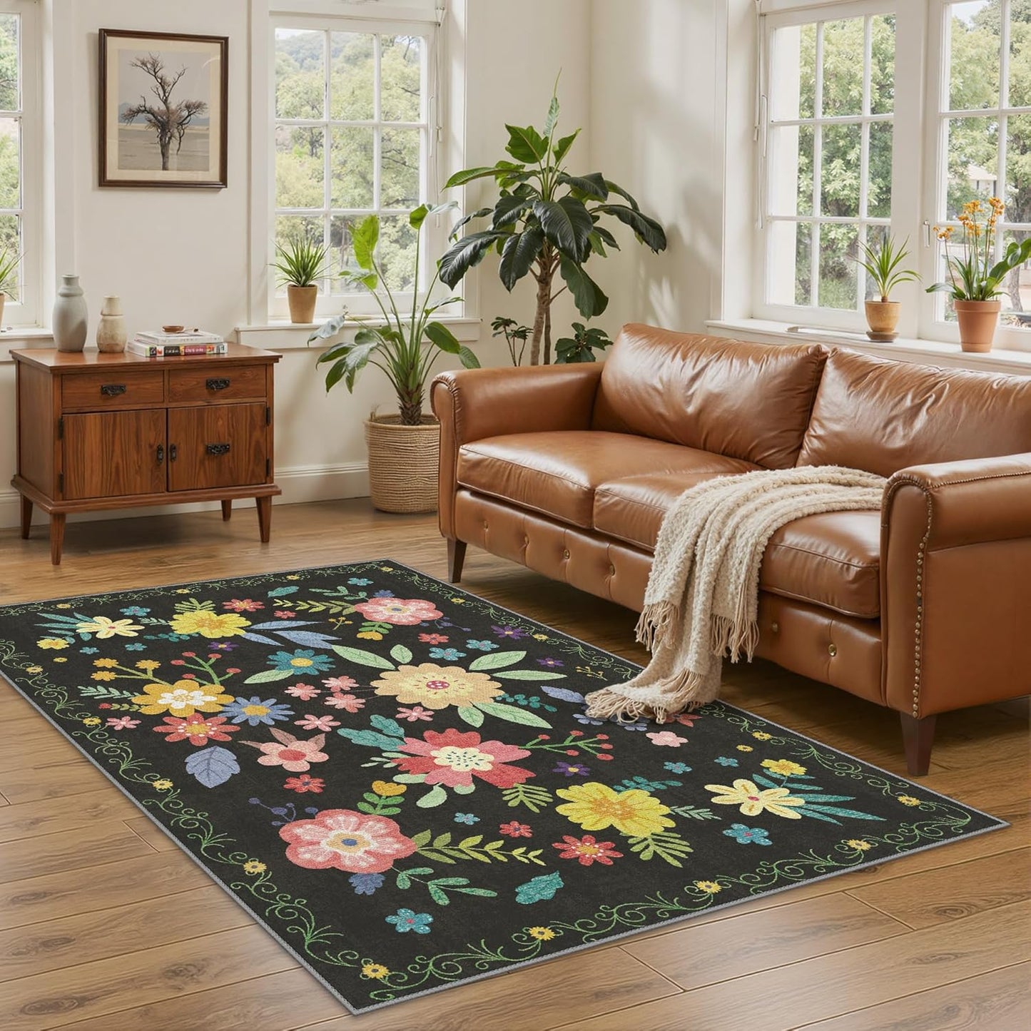 GENIMO Indoor Outdoor Area Rug 4' X 6' Waterproof, Washable Patio Rug Non Shedding, Easy Cleaning Floral Outdoor Carpet for Living Room, Bedroom, Dining Room, Balcony, Backyard, Deck, RV, Black