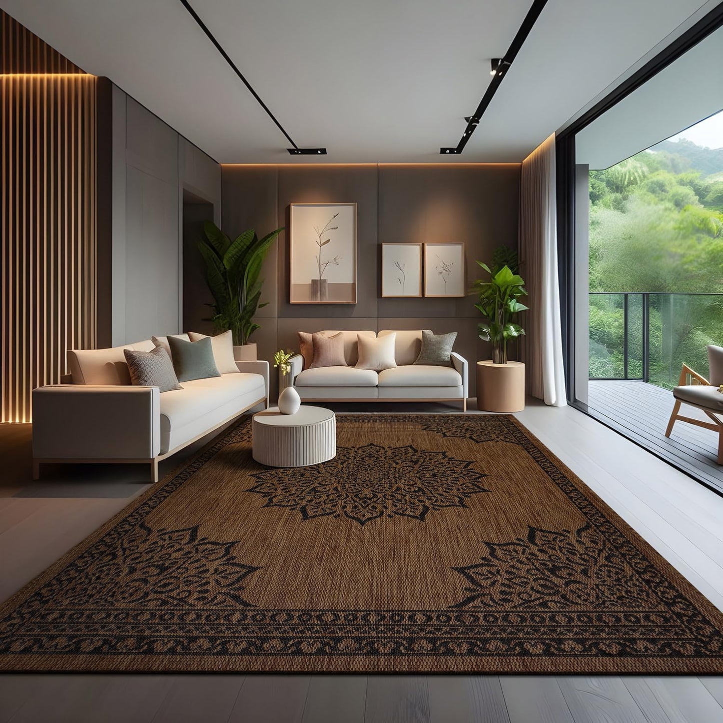 CAMILSON Outdoor Rug, 9x12 Medallion Nut Brown Black Modern Area Rugs for Large Indoor and Outdoor Patios, Kitchen and Hallway Mats, Washable Porch Deck Outside Carpet (Nut Brown Black, 9 x 12)