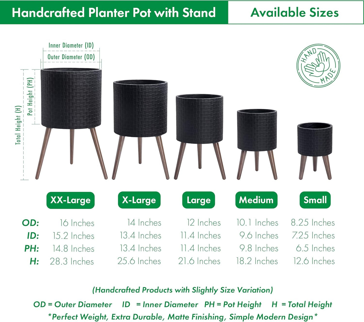 D'vine Dev 12 Inch Modern Geometric Tile Patterned Sleek Planter Pot with Stand, Indoor Outdoor Decorative Plant Holder, Matte Black, 88-Z-C-2