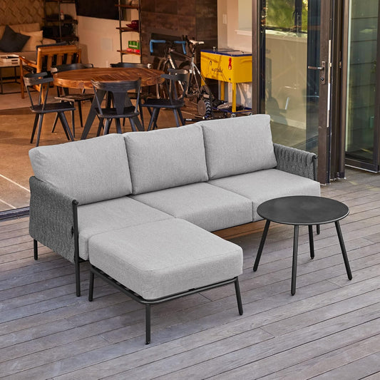 EAST OAK Life Chatter Patio Furniture Set, Outdoor Furniture Sectional Sofa Set with Round Coffee Table, 4 Seats Sofa Deep Seating with Thick & Washable Cushions, Black & Grey