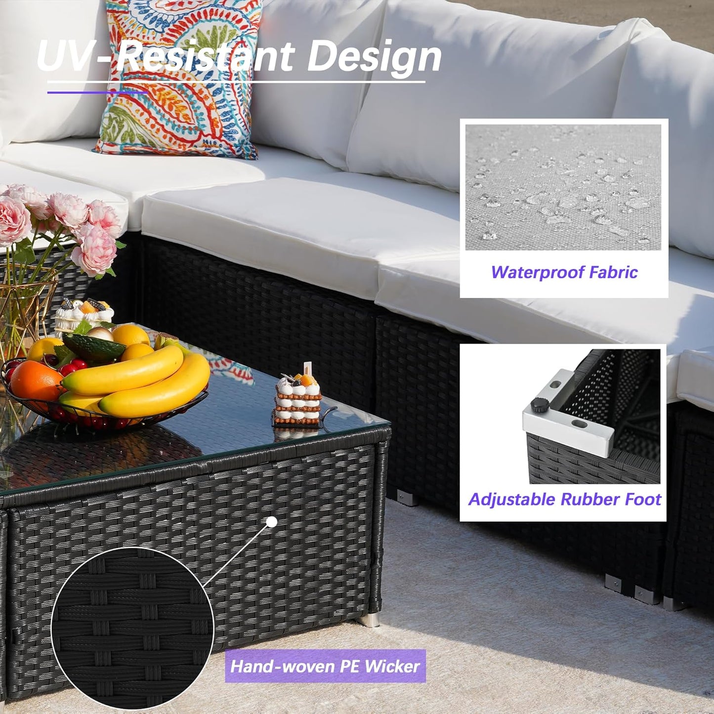 7 Piece Patio Furniture Set, Outdoor Couch Set—All-Weather Outdoor Furniture Sectional w Water Resistant Thick Cushions, Patio Sofa Set w 2 Extra Pillows and Coffee Table, Beige/Black