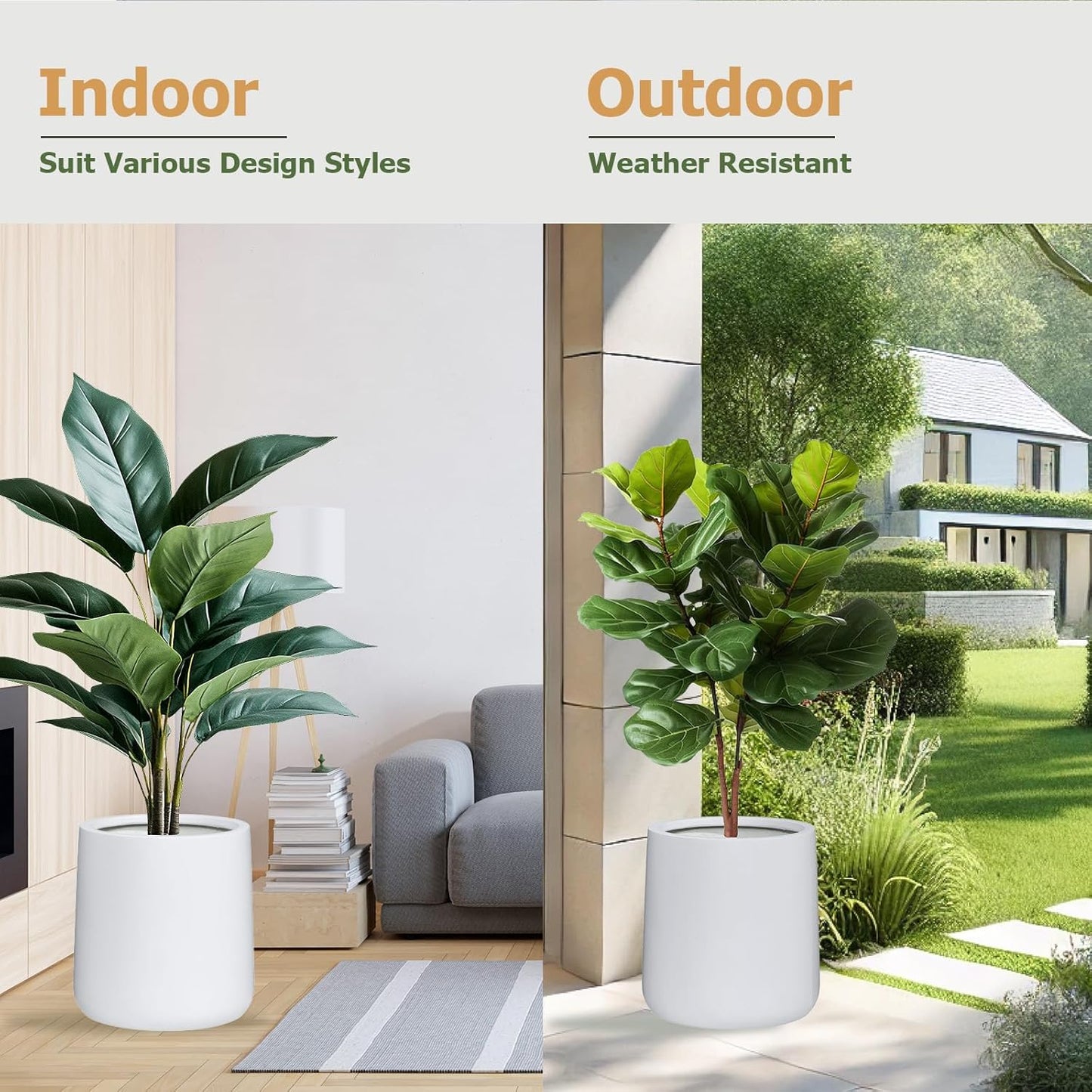 15.3" H x 15" D Conico Fiberstone Round Planter with Drainage Hole, Smooth Finishes, Weather Resistant for Indoor and Outdoor Use, Included 2 Extra Coco Mats (White, 11.7" Pot Opening)