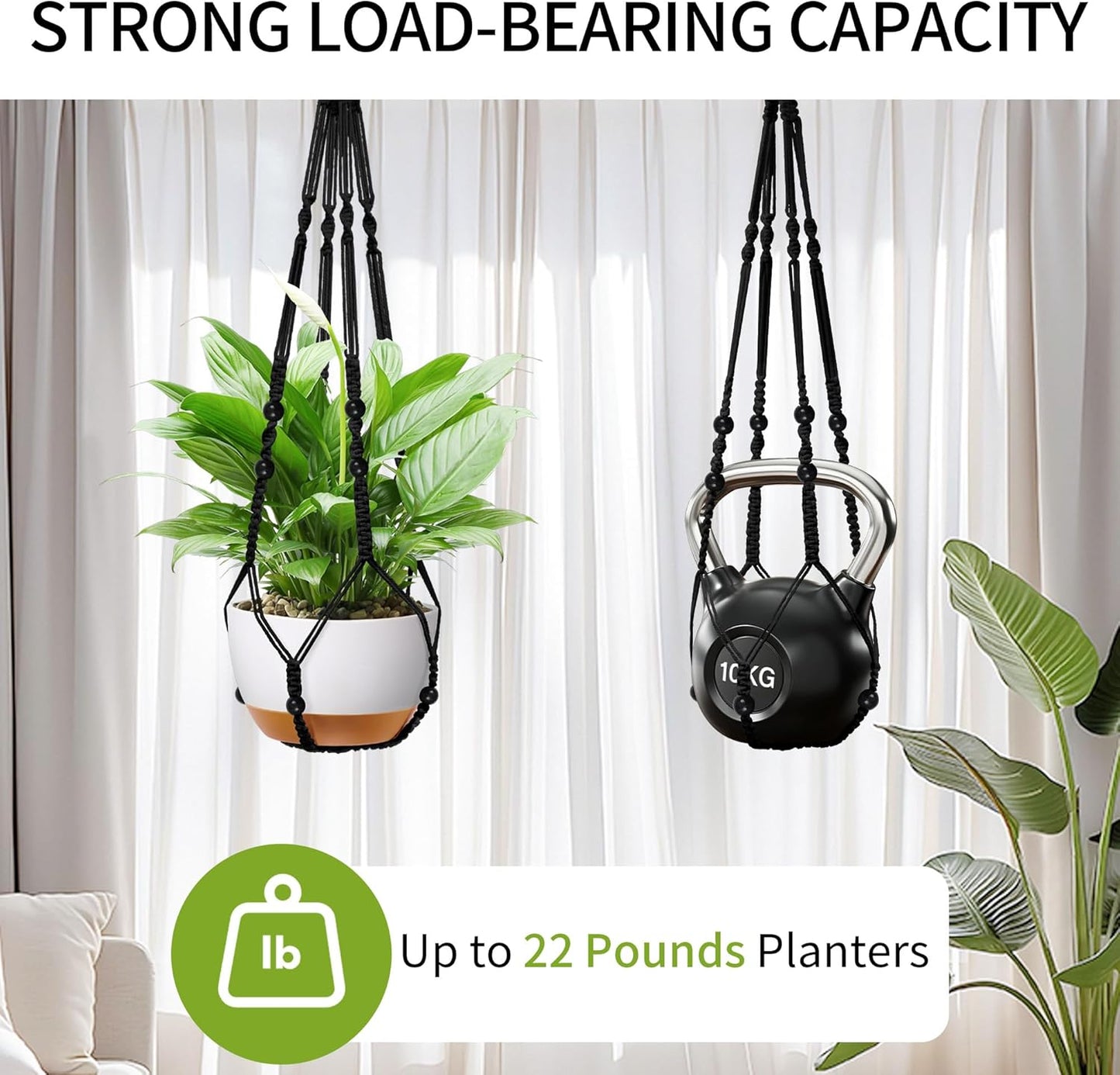 35 Inch Macrame Plant Hanger - Fits 4-13 Inch Pots, Supports Up to 22lbs, Sturdy Hanging Planter Holder for Indoor Outdoor, Boho Home Decor, 2 Pack, Black (POTS NOT Included)