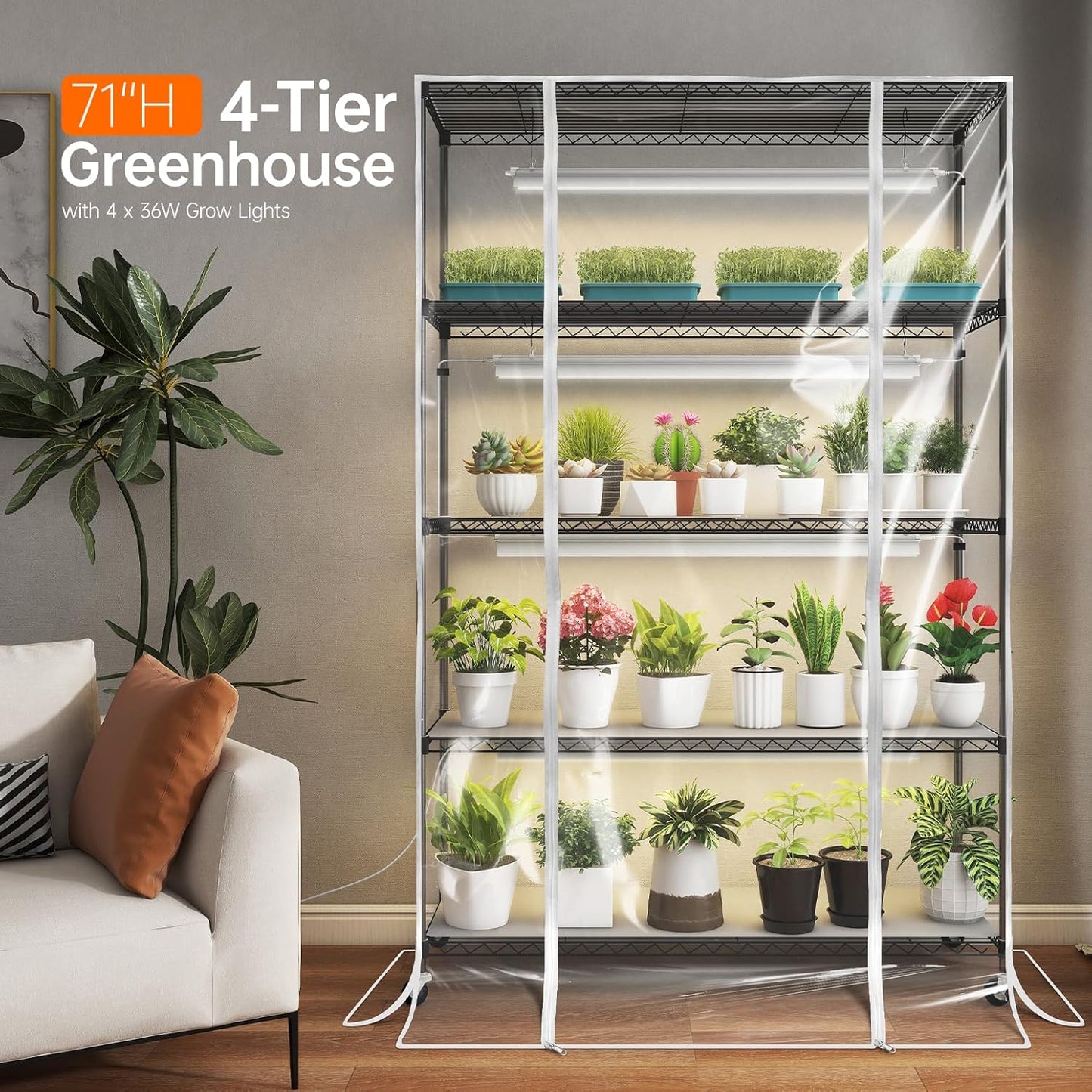 Indoor Greenhouse with Grow Light, Tall Plant Stand with 4 Pack Full Spectrum Plant Lights , 3 Color Modes, Plant Shelf with Tent for Indoor Plant, Seed Starting, Seed Tray, 47.2"x17.8"x70.9"