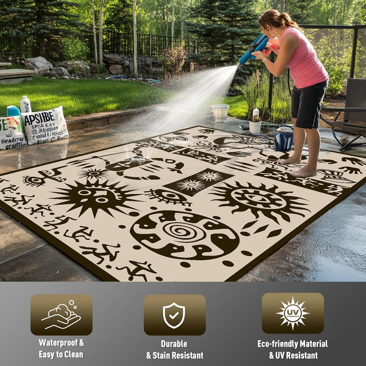 WILDROOTS 5x8 Feet Plastic Tribal Outdoor Rug, Stain Resistant Waterproof Reversible Outdoor Patio Rug, Fade Resistant Camping Rug (Ivory Beige)