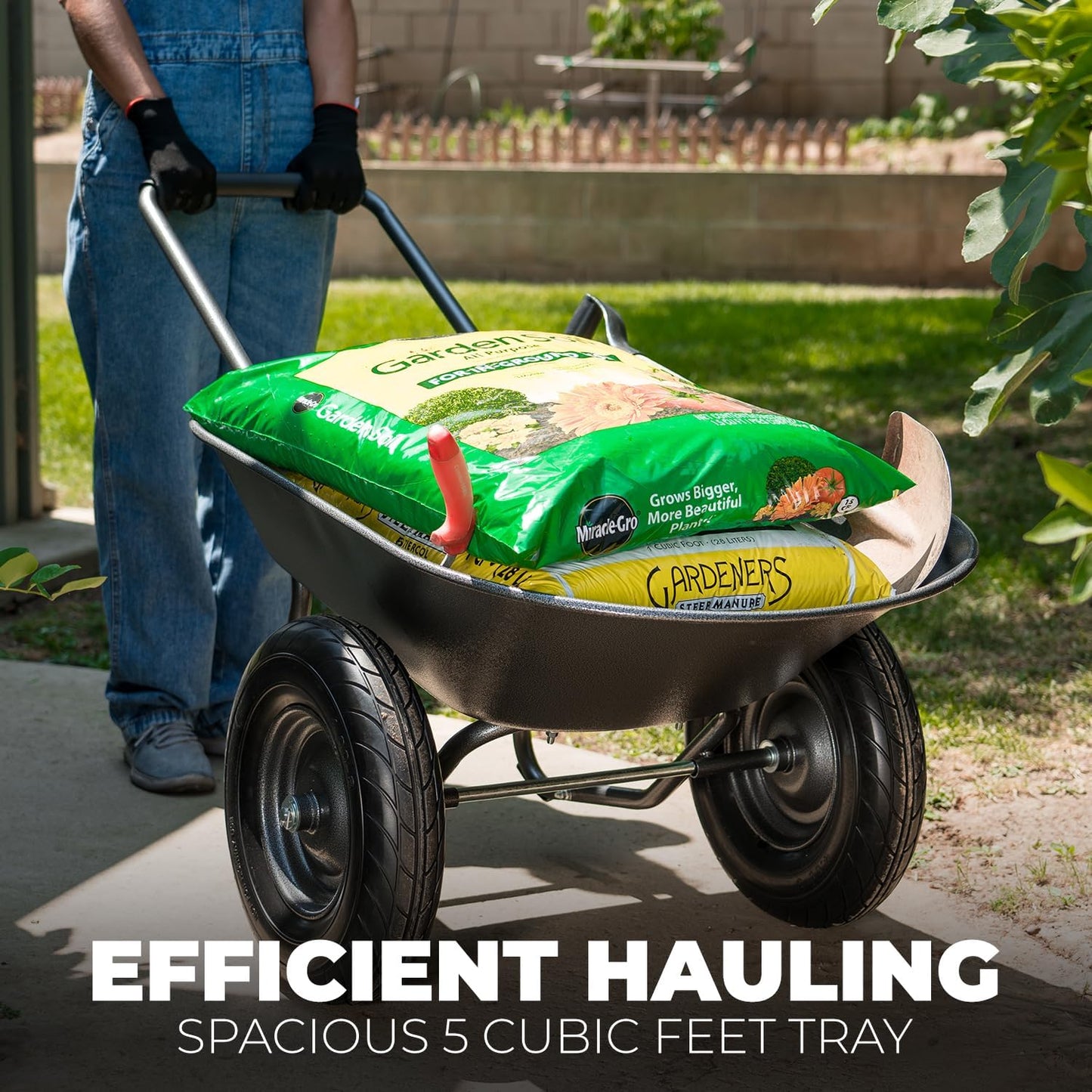 XtremepowerUS Dual-Wheel Utility Wheelbarrow Garden Cart Built-in Stand Flat-Free 16" Tires 5 cu/ft. 330 LBS Capacity Metal Tray for Lawn, Gardening