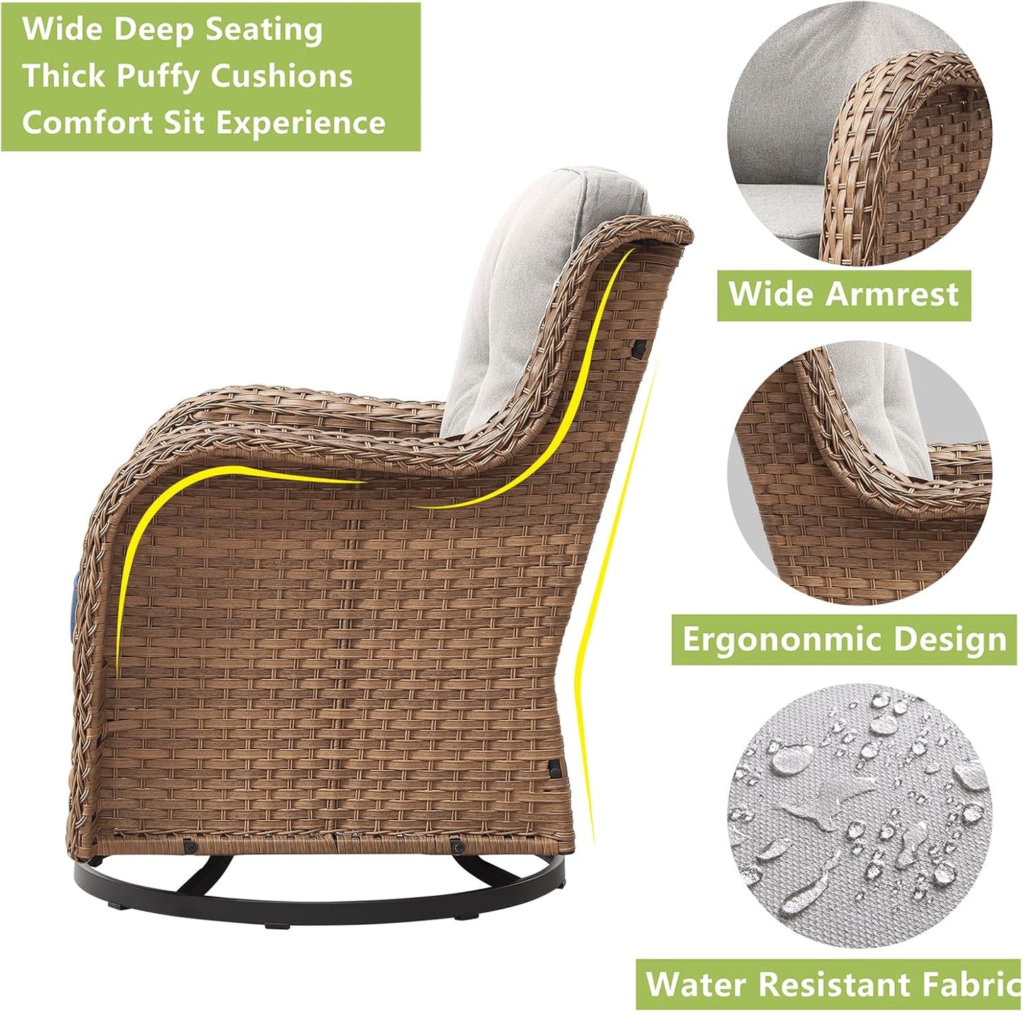 Outdoor Wicker Patio Furniture Set - 6 Piece Rattan Patio Conversation Set with 2 Rocking Swivel Chairs,2 Ottomans,1 Loveseat and 1 Side Table for Porch Deck Backyard Garden(Yellow/Beige)