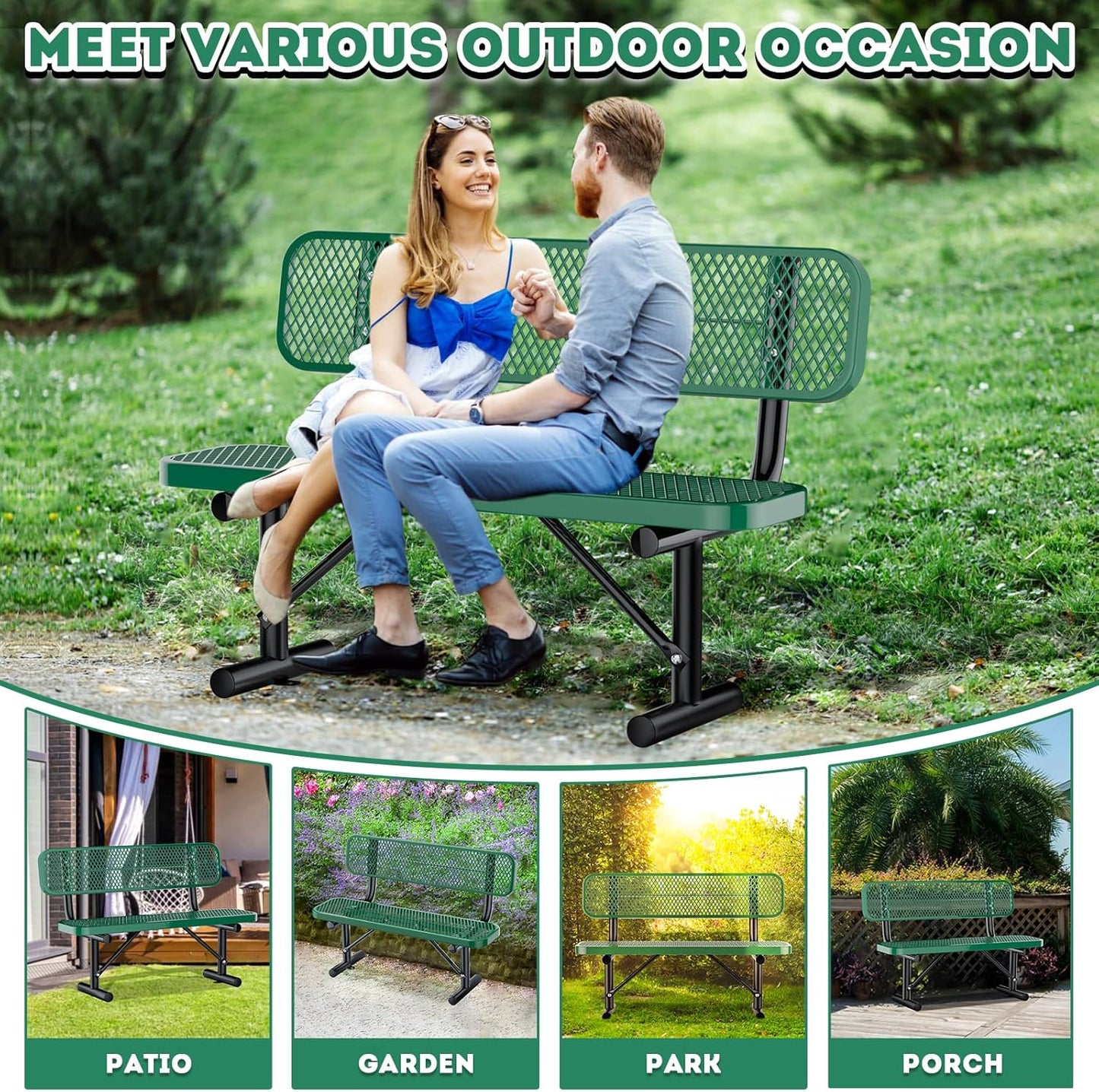 Heavy Duty Park Bench for Outside, Metal Park Bench with Back Portable Frame, Outdoor Steel Mesh Garden Bench with Backrest for Garden, Lawn, Patio, Porch, Park, Yard (Green, 4FT/50INCH)