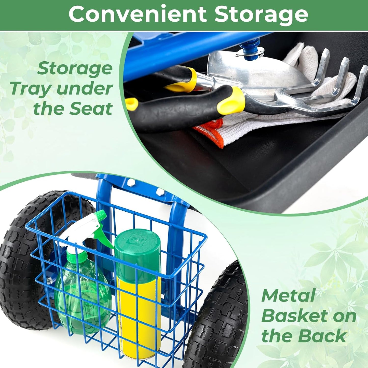 S AFSTAR Rolling Garden Cart, Wagon Scooter with 360° Swivel Seat, Storage Tray, Basket & Rubber Wheels, Heavy-Duty Gardening Tool Cart for Weeding, Patio & Yard (Blue)