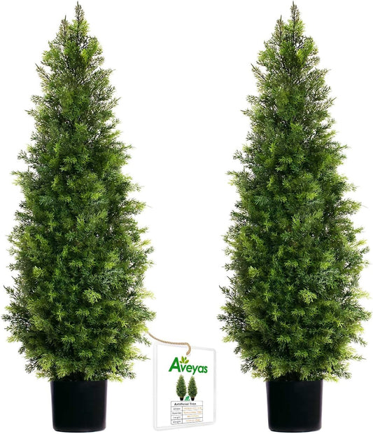 Aveyas 4ft Artificial Cedar Topiary Trees for Outdoor Front Porch Door, 4 Feet Faux Potted Plants Evergreen Fake Pine Cypress Tree for Outside Home Decor (4 ft Tall) - Set of 2 Pack