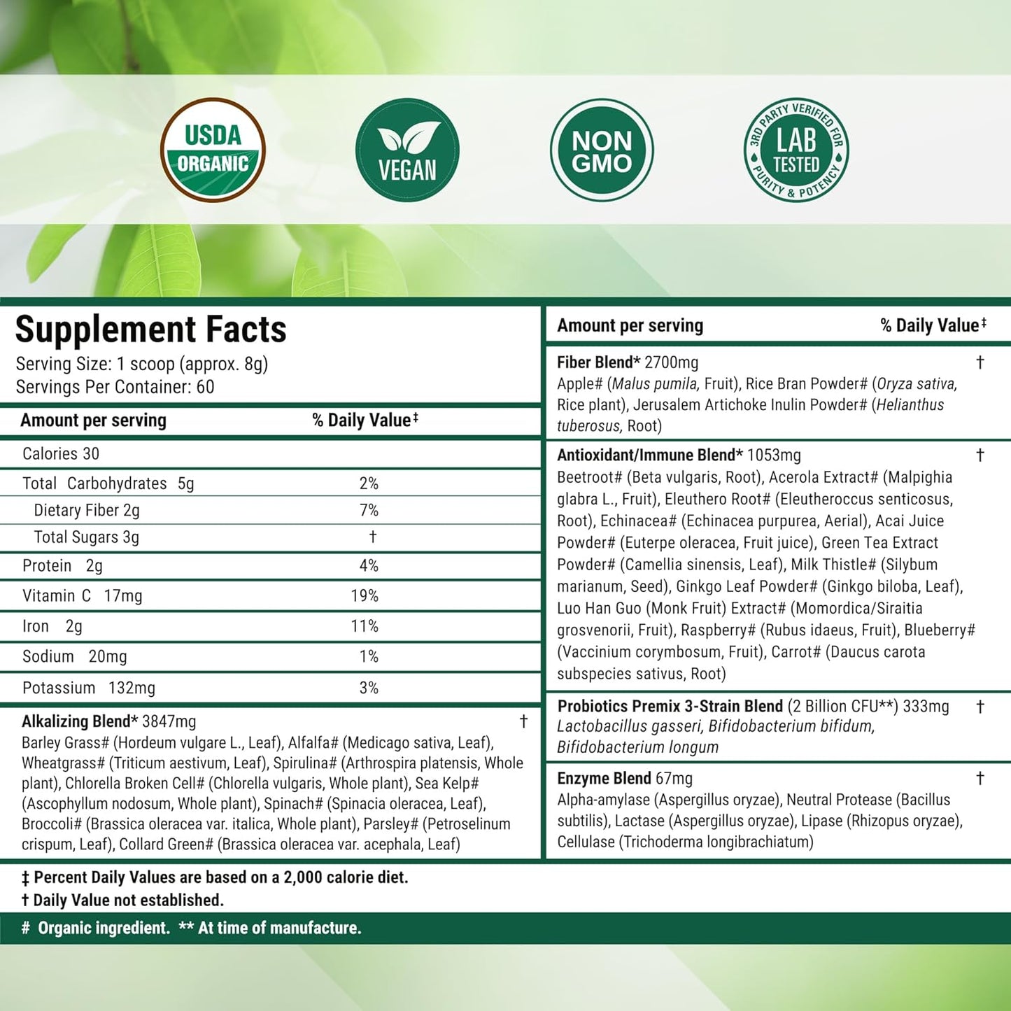 Nested Naturals Super Greens Daily Superfood Powder - Certified USDA Organic Green Powder w/20+ Whole Foods, Spirulina Powder, Wheat & Barley Grass - Probiotics, Fiber & Enzymes - Original Flavor, 60