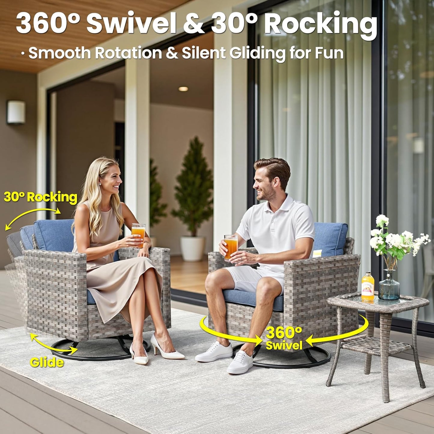 ovios 10 Pieces Patio Furniture Set, Outdoor Wicker Sectional Sofa with 30" Fire Pit Table Swivel Chairs, Modern Modular Deep Seat Rattan Couch Conversation Sets, Denim Blue