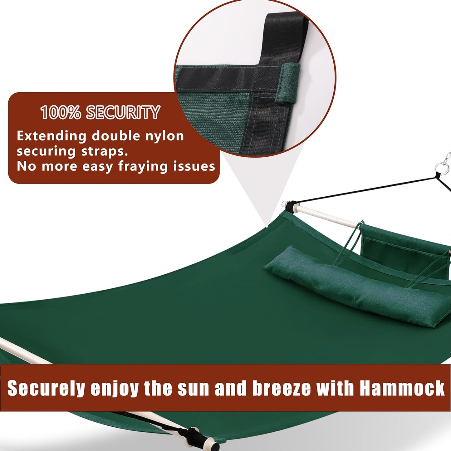 TegerDeger Anti-flip 12FT Hammock Large Hammock 450LB Capacity with Iron Spreader Bar & Nylon Rope for Outside, Patio, Garden, Backyard, Beach - Dark Green