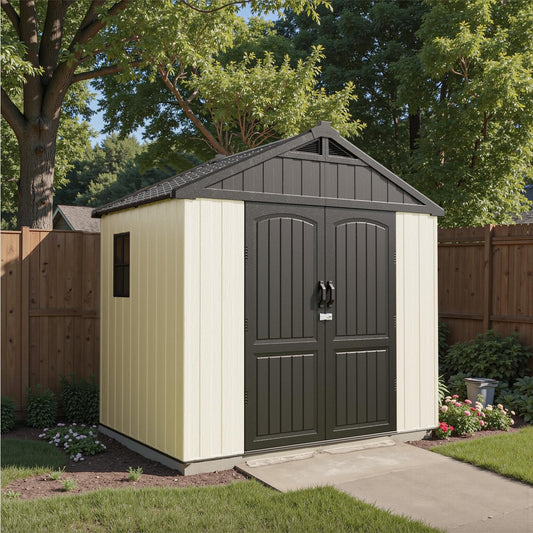 Patiowell 8 x 6 FT Resin Outdoor Storage Shed with Floor, Large Shed with Light and Lockable Door for Garden, Backyard, Tool Storage Use, Easy to Install in Beige (Kick-it Shed)