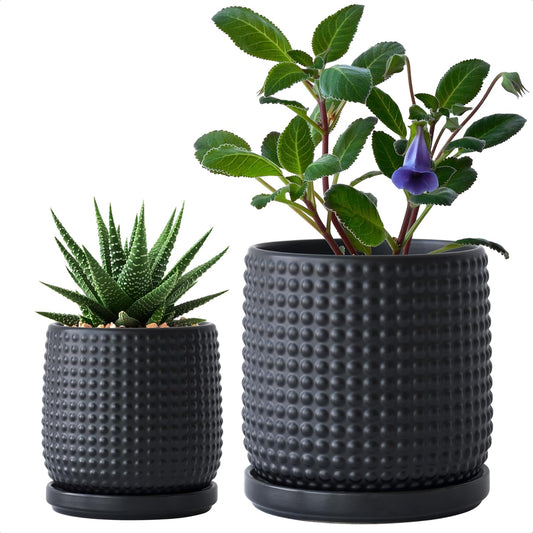 D'vine Dev 6 Inch 4 Inch Ceramic Indoor Planter Pots with Drainage Hole and Saucer, Beaded Design Flower Pots, Set of 2, Matte Black, 27-D-U-6
