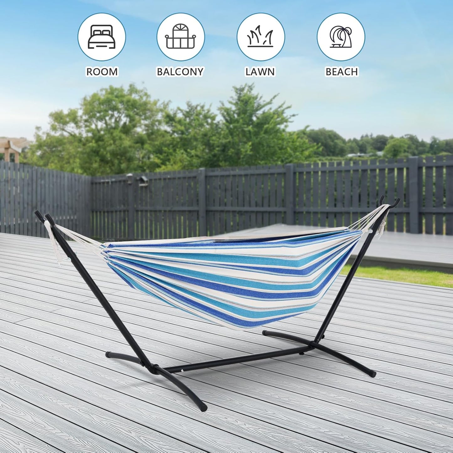 Double Hammock with Stand Included 450lb Capacity Space Saving Steel Stand,Premium Carry Bag Included,Suit for Outside,Indoor,Yard,Camping(Ocean).