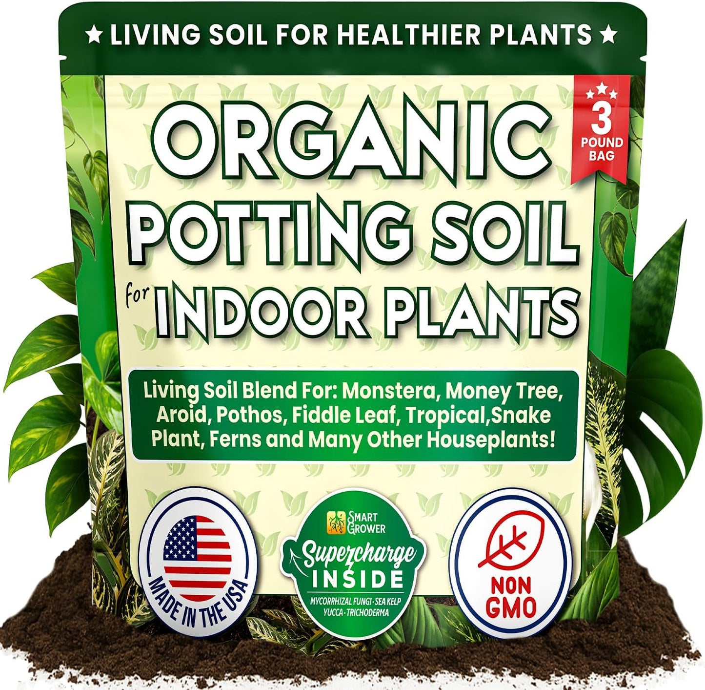Organic Potting Soil for Indoor Plants. Boost House Plant Growth for Monstera, Fiddle Leaf, Money Tree, Pothos, Snake Plant, Aroid, Flowers, Herbs, Veggies, & More, Smart Grower 3 LB Ready to Plant