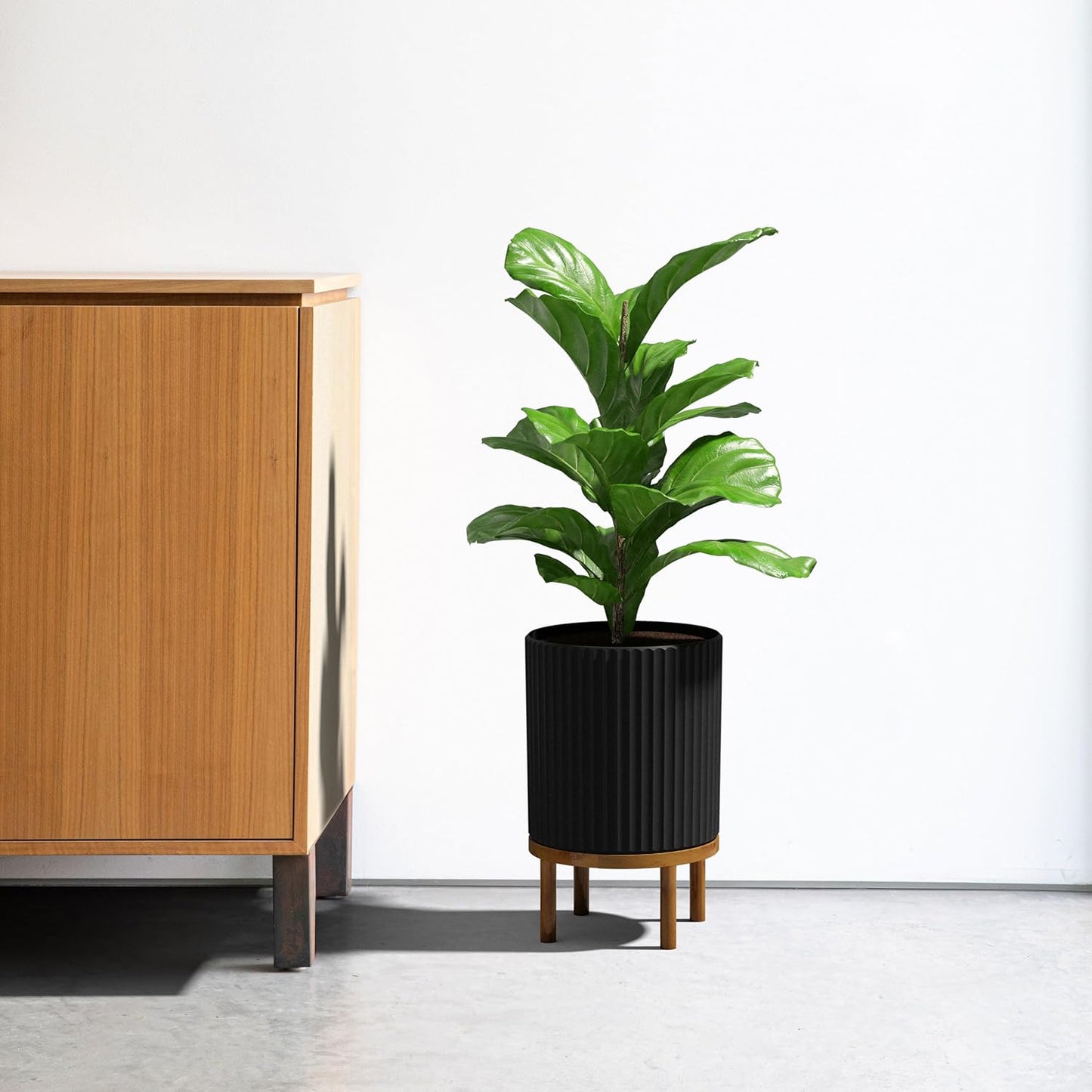 Veradek Demi Series Round Planter w/ Stand for Porch/Patio | Durable Plastic-Concrete & Wooden Stand | Modern Décor for Tall Plants, Flowers