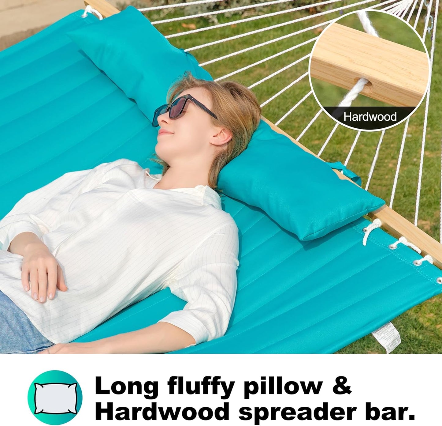 Double Quilted Fabric Hammock with Spreader Bar, Fits 12-14ft Hammock Stand, 2 Person 14ft Hammocks for Outside, Large Removable Pillow, Storage Bag, Carabiners, Max 475 lbs Capacity (Aqua)