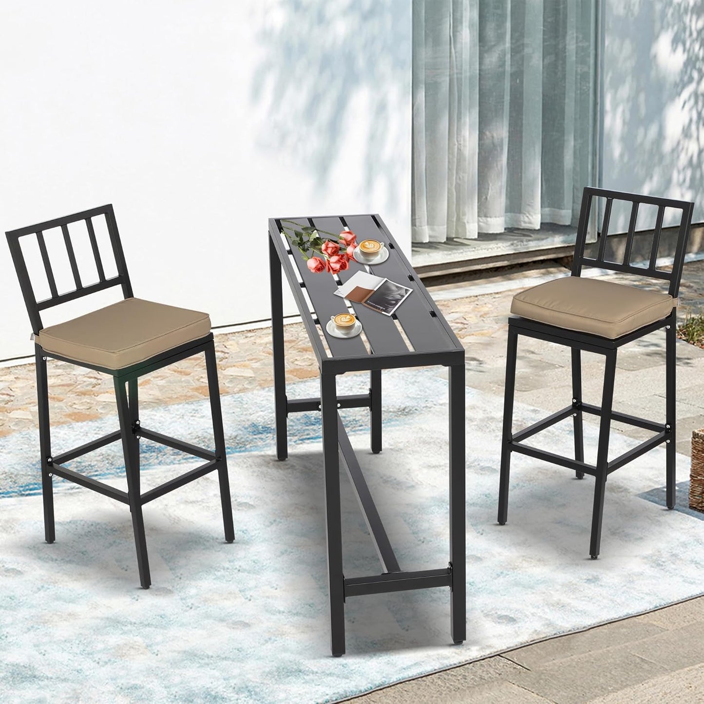 Outdoor Patio Bar Set, Bar Height Patio Dining Set, Weather-Resistant Bistro Counter Pub Set with Cushions & Slatted Tabletop for Backyard, Garden, Yard (47" Table, 2 "I Style Stool, Black)