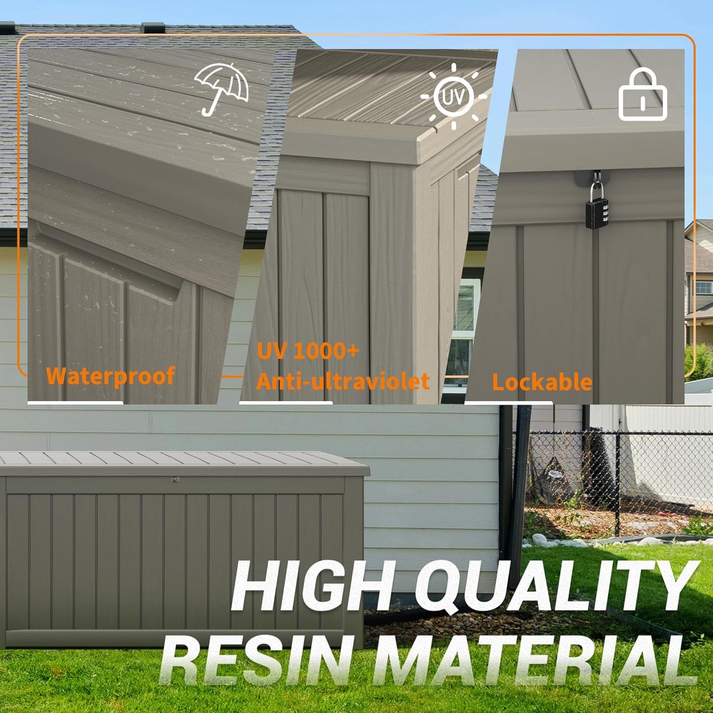 NUNU LAB 230 Gallon Large Resin Deck Box, Waterproof Outdoor Storage Box, Lockable Storage Bin for Patio Furniture, Garden Tools, Pool Accessories, UV-Resistant & All-Weather, Grey