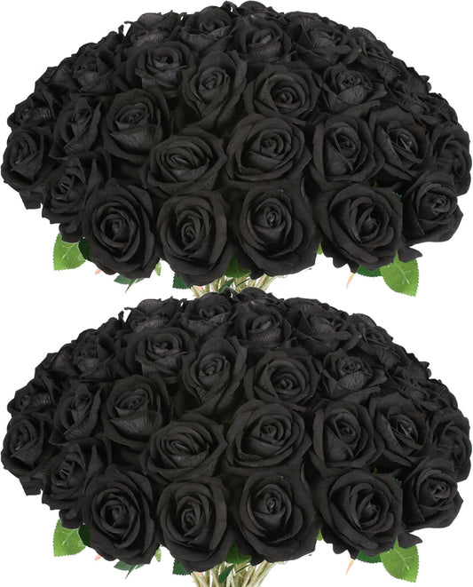 50 PCS Fake Black Roses, Artificial Flowers Bulk Halloween Decorations Realistic Silk Faux Black Roses with Stems for Gothic Wedding Party Decor, Bridal Bouquets DIY Floral Arrangement Home Decor