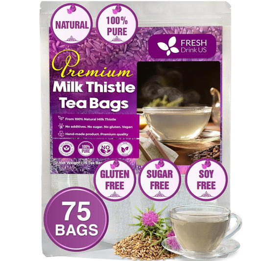 FreshDrinkUS, Premium 75 Milk Thistle Tea Bags, 100% Natural & Pure from Milk Thistle Seeds. Milk Thistle Seed Herbal Tea. Made with Natural Material Tea Bags. No Sugar, No Caffeine, No Gluten, Vegan.