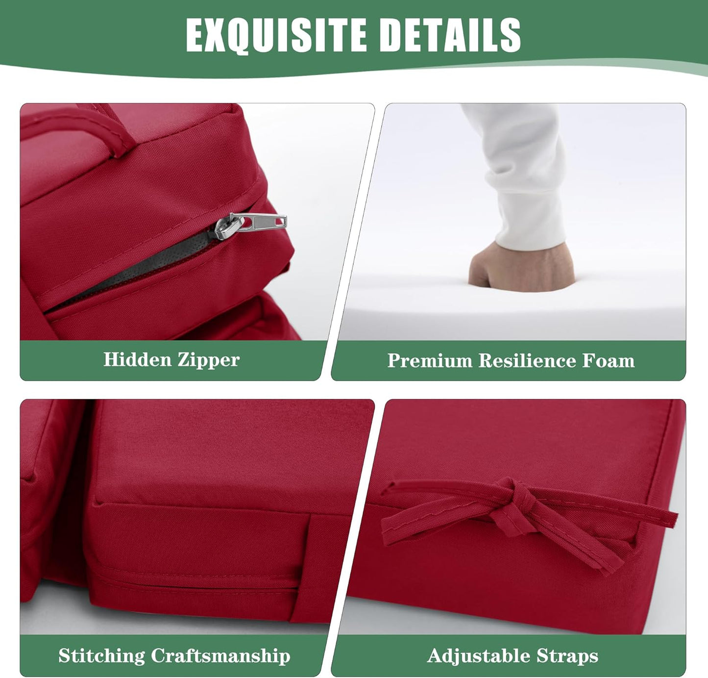 Chaise Lounge Cushions Outdoor Set of 4 - Waterproof and Fade Resistant Sun Lounger Replacement Cushions - Patio Lounger Pads with Removable Cover for Pool, Deck, Lawn, 72 x 21 x 3 Inch, Red