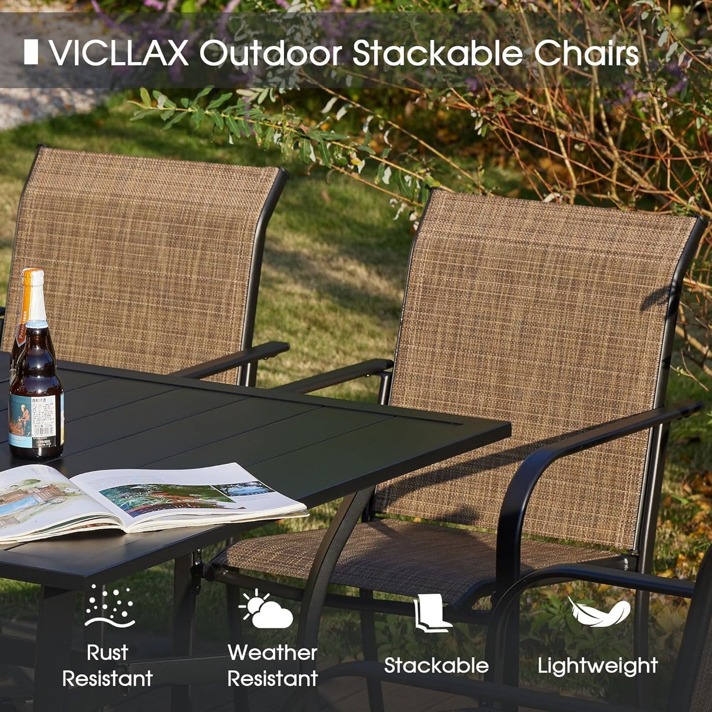 VICLLAX Patio Dining Set for 4, 5 Pieces Outdoor Furniture Set Includes 41.7" Round Patio Table and 4 Patio Stackable Chairs, Outdoor Table and Chairs for Outsides, Walnut Tabletop and Brown Fabric