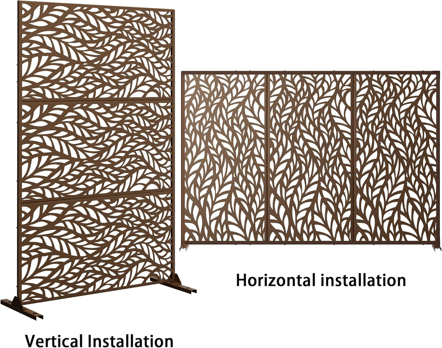 Metal Privacy Screen Outdoor 72" H×47" W,Freestanding Decorative Privacy Screen for Balcony Yard&Garden,Privacy Fence-Brown&Leaf