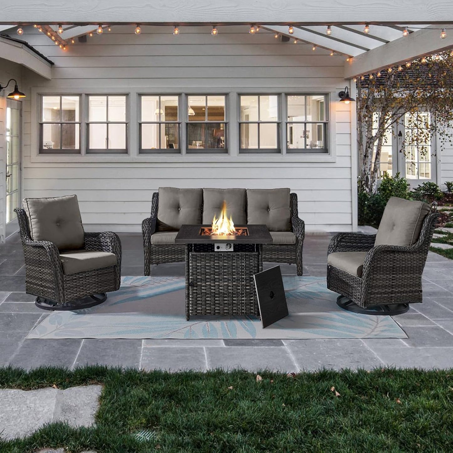 Outdoor Patio Furniture Set with 50000BTU Propane Fire Pit Table, 4 Pieces Wicker Patio Conversation Set with 2 Swivel Rocker Glider Chairs Rattan Sofa Grey Cushion Perfect for Gathering