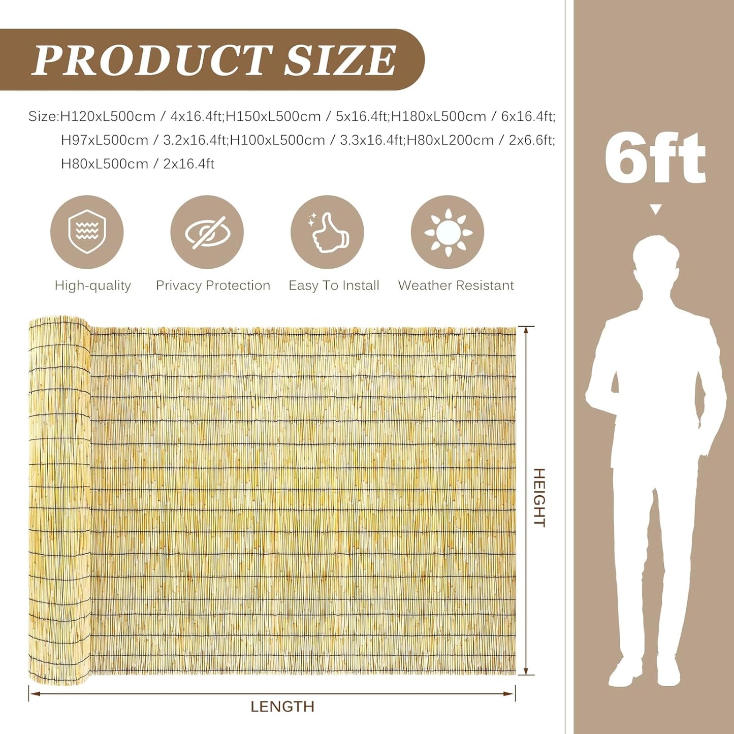 Natural Reed Fencing Rolls: Privacy Bamboo Fence 3/4/5/6ft High Roll Reed Screen, Decorative Bamboo Fencing for Outdoor Balcony Patio Garden Backyard,with Cable Zip Ties(Nature, 4x10ft)