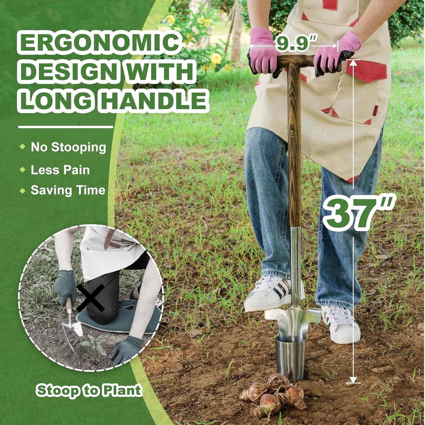 Long Handled Bulb Planter Tool, 37'' Bend-Proof Stainless Steel Bulb Planter, 4'' Depth Marks Long Handled Hole Digger, Bulb Planter with Comfortable T-Shaped Long Wood Handle for Planting Tulips