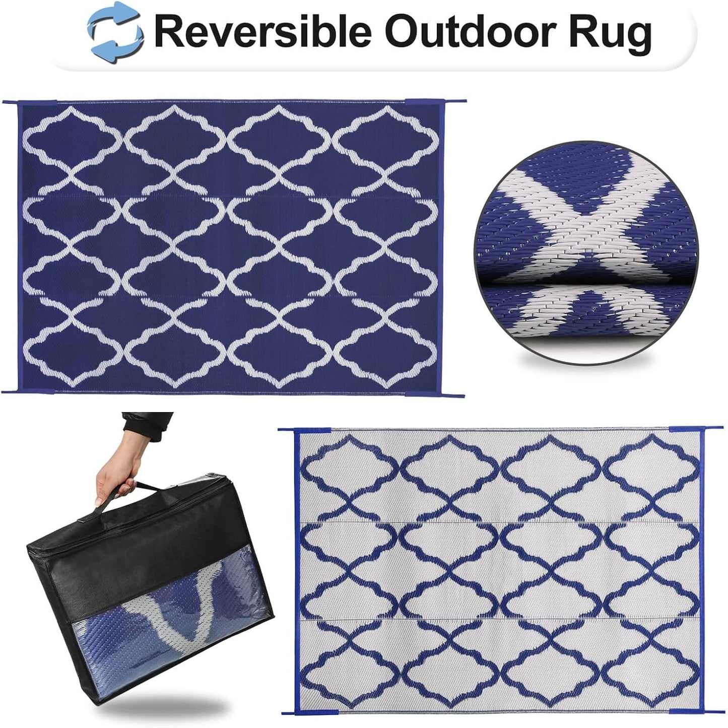 OutdoorLines Outdoor Plastic Area Rugs for Patio 5x8 ft - Reversible Outside Carpet, Stain & UV Resistant RV Mats, Straw Rug for Camping, Deck Garden, Porch and Balcony, Moroccan Navy & Light Grey