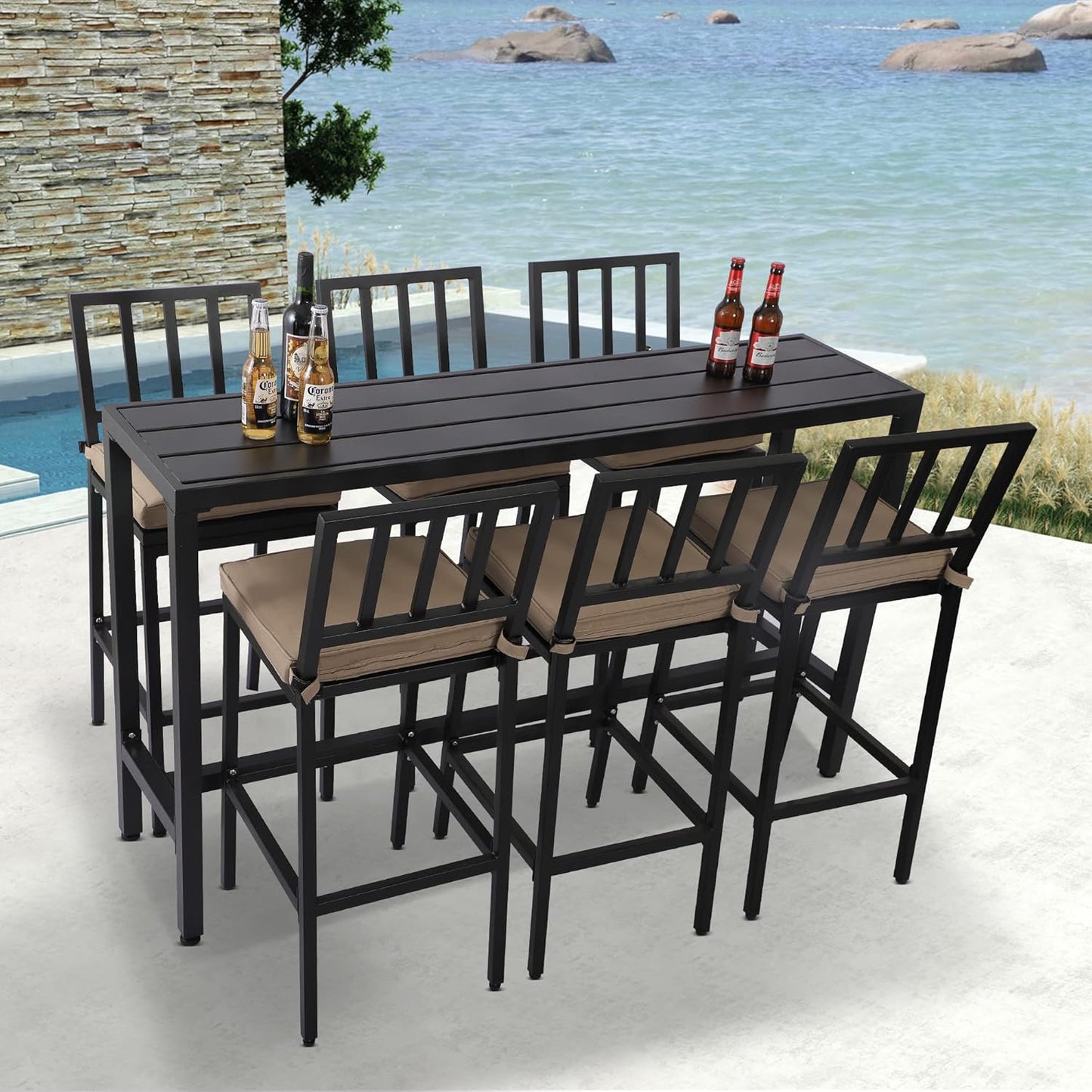 Outdoor Patio Bar Set, Bar Height Patio Dining Set, Weather-Resistant Bistro Counter Pub Set with Cushions & Slatted Tabletop for Backyard, Garden, Yard (63" Table, 6 "I Style Stool, Black)