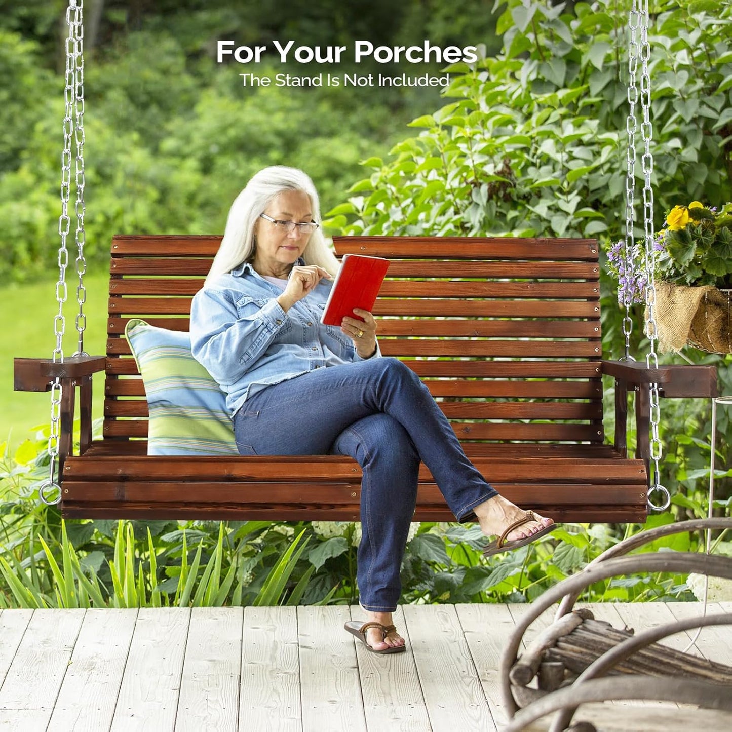 VINGLI XL Size Patio Wooden Porch Swing Outdoor with Cup Holders, Heavy Duty 880 LBS Hanging Swing Chair Bench with Hanging Chains for Yard, Lawn, Garden (4 FT Pro, Rustic)