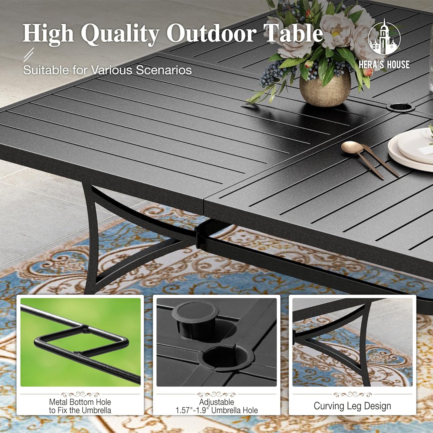 HERA'S HOUSE Patio Dining Set 9 Pieces, Outdoor Table and Chairs Set for 8, 8 x Red Textilene Dining Chair, 60" Square Metal Dining Table with 1.57" Umbrella Hole, for Lawn Garden Backyard Deck