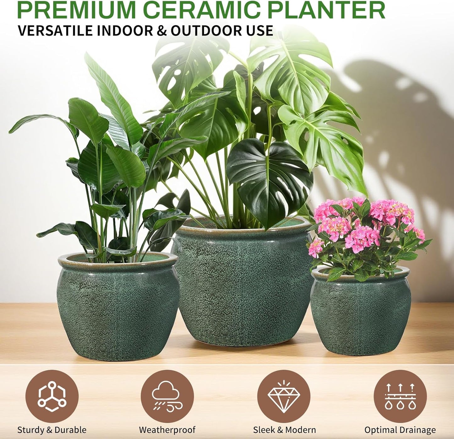 Ceramic Plant Pots Set of 3,9+11.6+14.6 Inch Flower Planters with Drainage Holes Indoor Outdoor, 19.8/8.7/3.8 Qt Capacity, Green Speckled Glaze