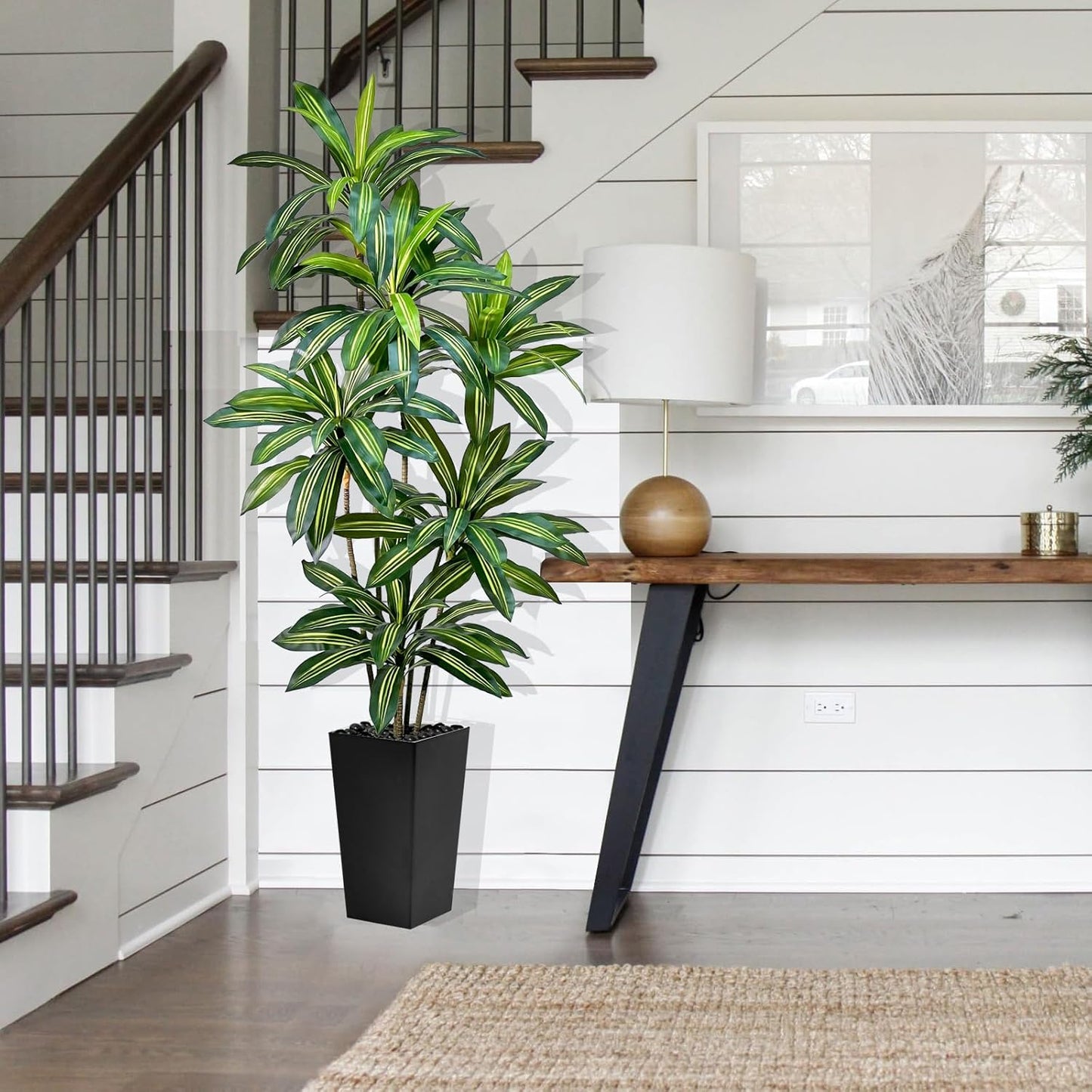 Artificial Dracaena Tree 5FT Tall Fake Plant with White Pot - Realistic Faux Dragon Tree with Tall Planter - Indoor Floor Plant for Home, Office,Mall, Living Room, Bedroom Decor (Black - Planter, 5ft)