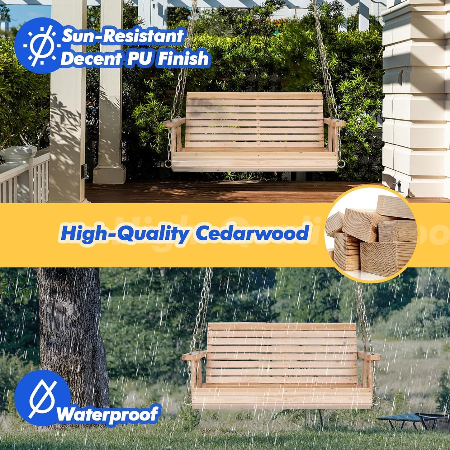 VINGLI Upgraded Patio Wooden Porch Swing for Courtyard & Garden, Heavy Duty 880 LBS Swing Chair Bench with Hanging Chains for Outdoors (Natural, 4 FT)