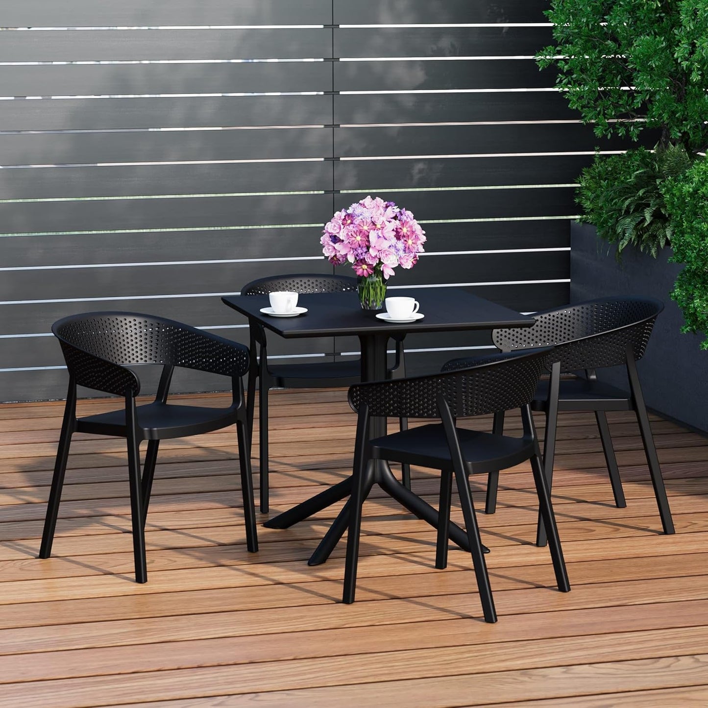 5-Piece Outdoor Dining Set, HDPE Patio Square Bistro Table and Stackable Chairs Sets for 4, Outdoor Furniture All Weather for Backyard Poolside, Black