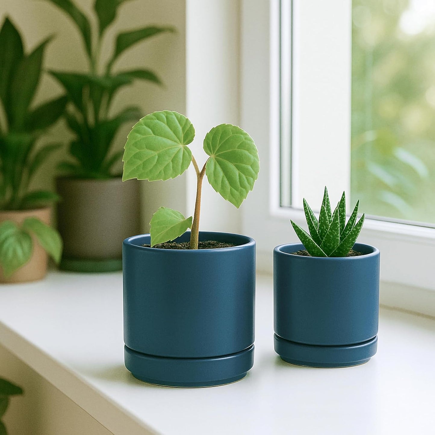 D'vine Dev 3.5 Inch & 4.7 Inch Ceramic Planter Pots for Plants with Drainage Hole and Saucer, X-Small Plant Pots Set, Teal, 94-G-XS-9