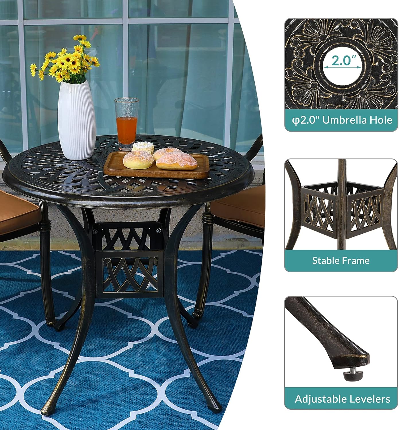 MEETWARM 3 Piece Patio Bistro Set, Outdoor All-Weather Cast Aluminum Dining Furniture Set Includes 2 Chairs and a 31” Round Table with Umbrella Hole for Garden Deck