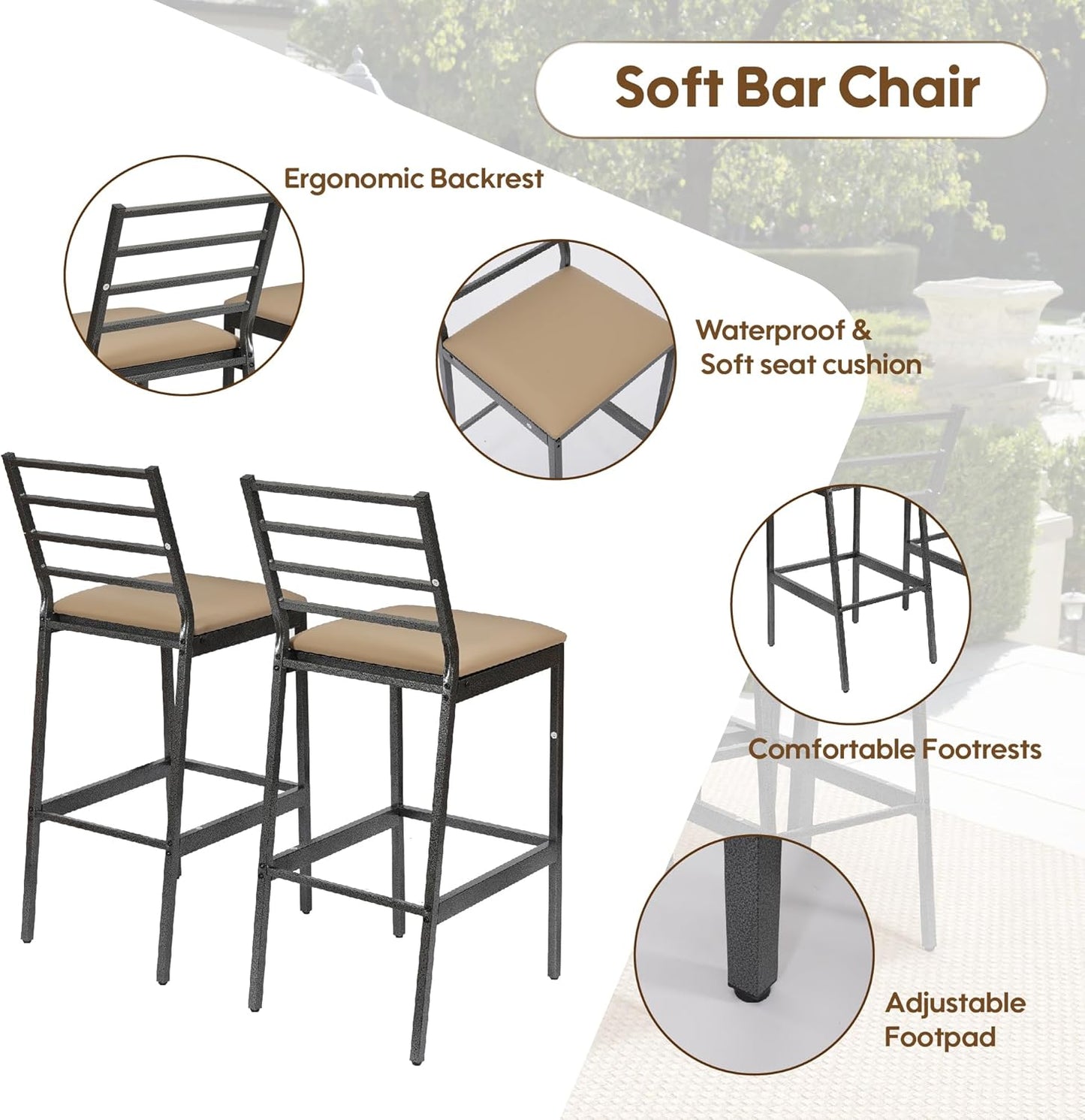 3Pcs Outdoor Patio Bar Set with Cover, 55" Rectangular Pub Height High Top Bar Table with 2 Cushioned Bar Stools, Metal Bar Table and Chairs Set for Outside, Patio, Balcony, Deck