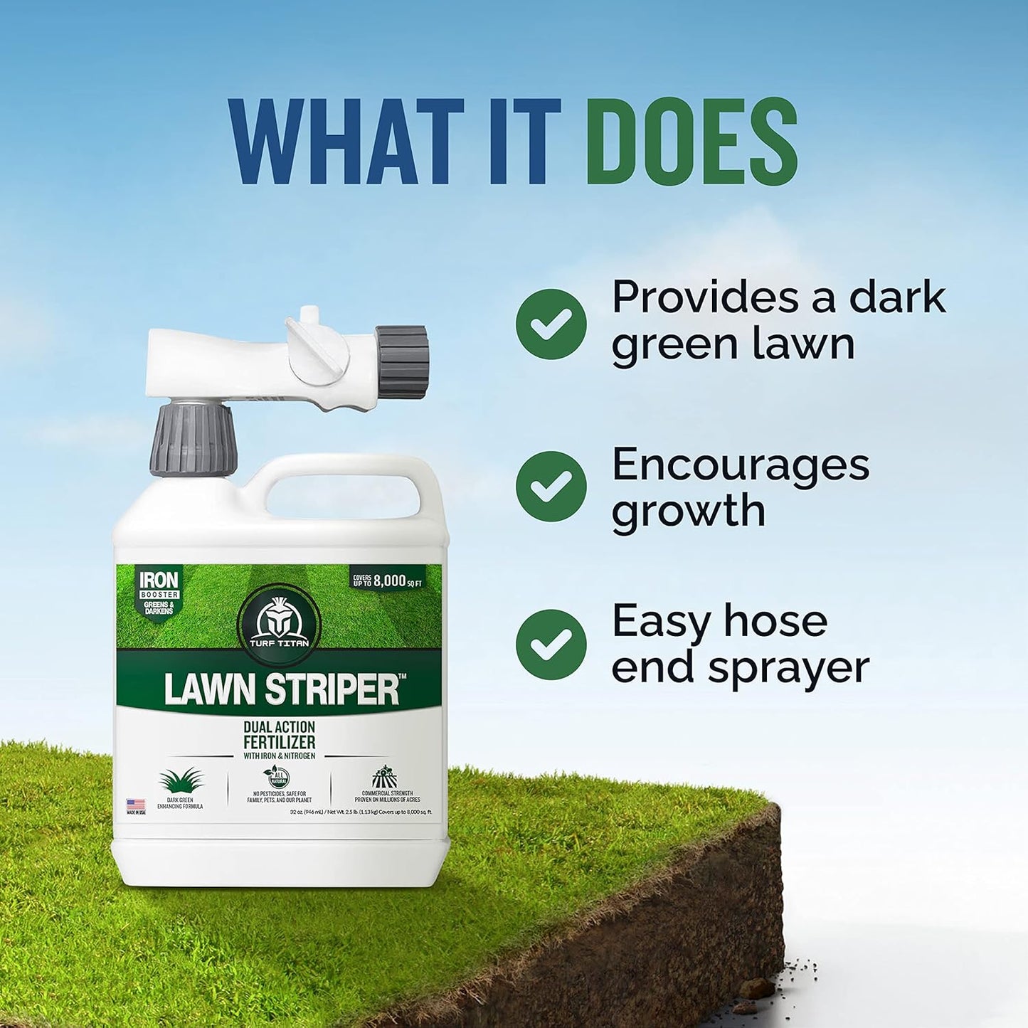 Turf Titan Lawn Striper Hose End – Iron & Nitrogen Fertilizer to Promote Dark-Green, Stripe-Defined Turfs – Kids & Pet Safe, Natural Lawn Fertilizer – Covers up to 8,000 Sq Ft