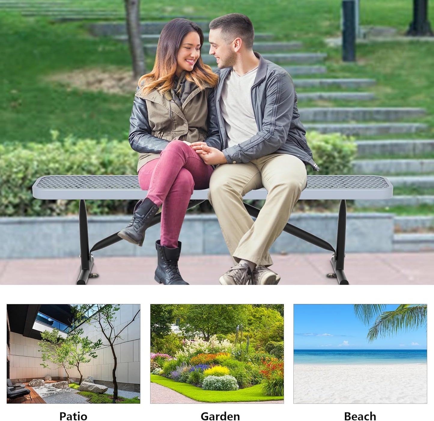 6 Feet Heavy Duty Metal Park Bench for Outside, Outdoor Bench with Portable Frame, Commercial Benches for Shopping Mall, Store, Park, Patio, Deck, Grey